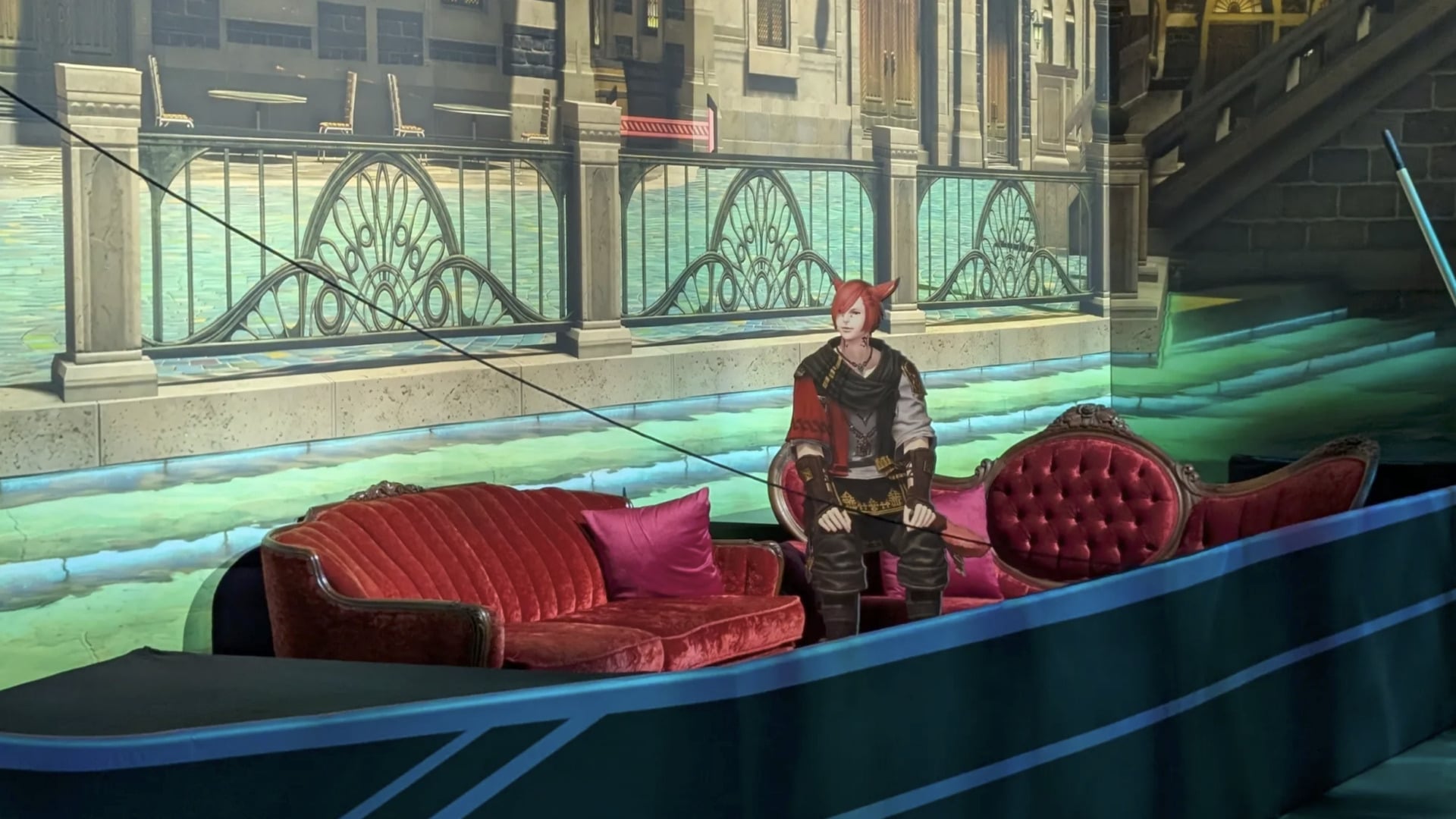 A Final Fantasy 14 character appears in a lounge.